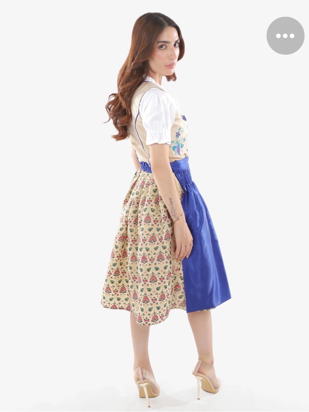 Dirndl-Style Women's Skirt & Bodice Set in Royal Blue and Beige - Picture 3 of 6